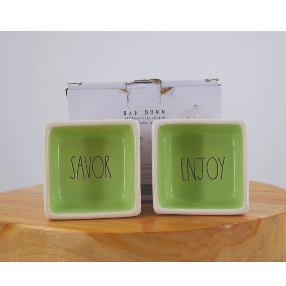 Rae Dunn Artisan Collection Savor Enjoy Square Dipping Bowls Set